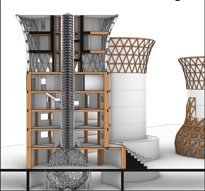 Sectional view revealing integrated structure, circulation, and core systems.