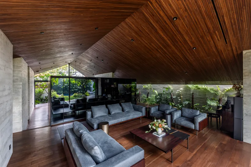 Living room with timber-clad angled ceiling and clerestory windows overlooking planted beds