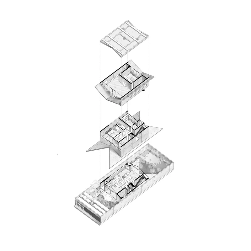 Exploded axonometric drawing showing four stacked floor plates with interior room divisions and exterior terraces
