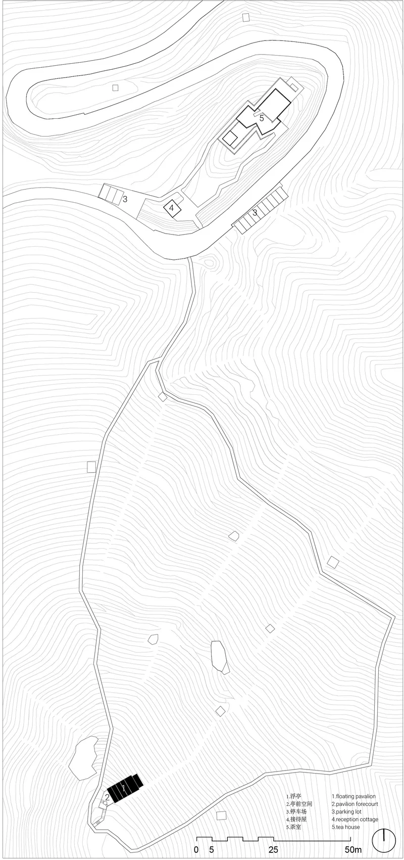 Site plan drawing showing the pavilion footprint and pathways among topographic contour lines