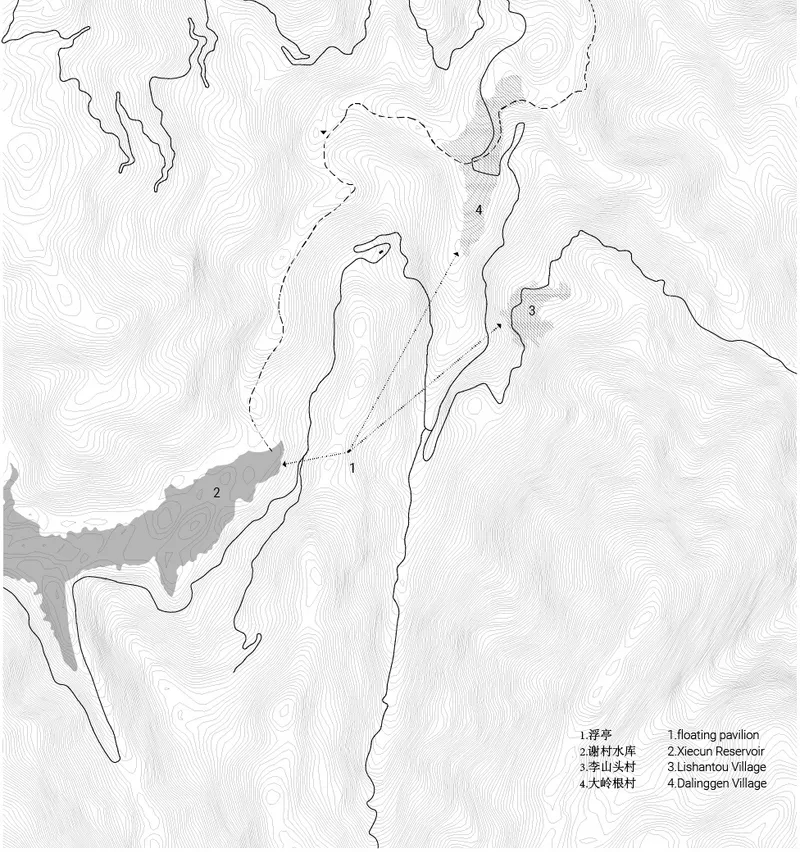 Topographic site plan drawing with contour lines indicating a reservoir, villages, and a floating pavilion location