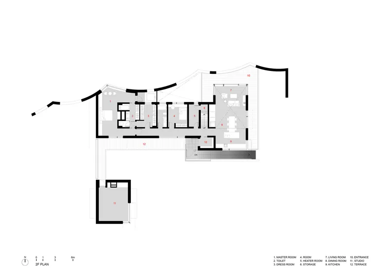 Second floor plan drawing showing bedroom suites arranged along an angled corridor with stepped living spaces