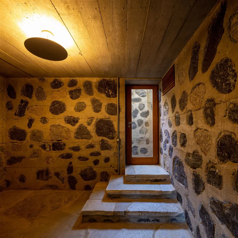 Interior stone staircase with rounded fieldstone walls and timber plank ceiling with circular ceiling fixture
