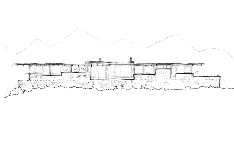 Elevation sketch showing horizontal residence with flat roof beneath mountain ridgeline