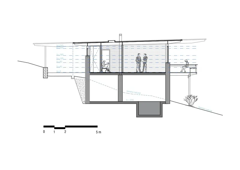 Section drawing revealing split-level interior with figures and sloping site condition