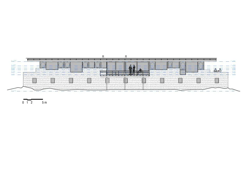Elevation drawing showing stone base wall with column supports beneath glazed upper volume