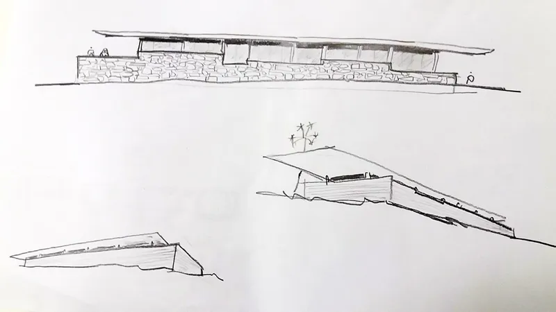 Elevation and section sketches depicting a low structure integrated into sloping terrain with thin planar roof