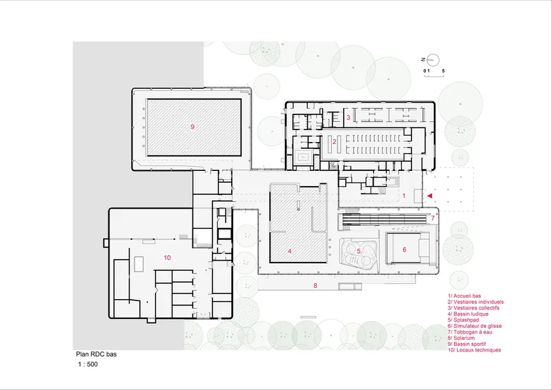 Ground floor plan drawing showing a cluster of rectangular volumes with pools, courtyards and surrounding tree plantings
