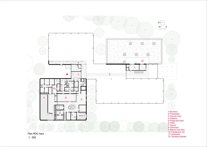 Upper level plan drawing showing dispersed rectangular volumes with interior divisions and adjacent landscape elements