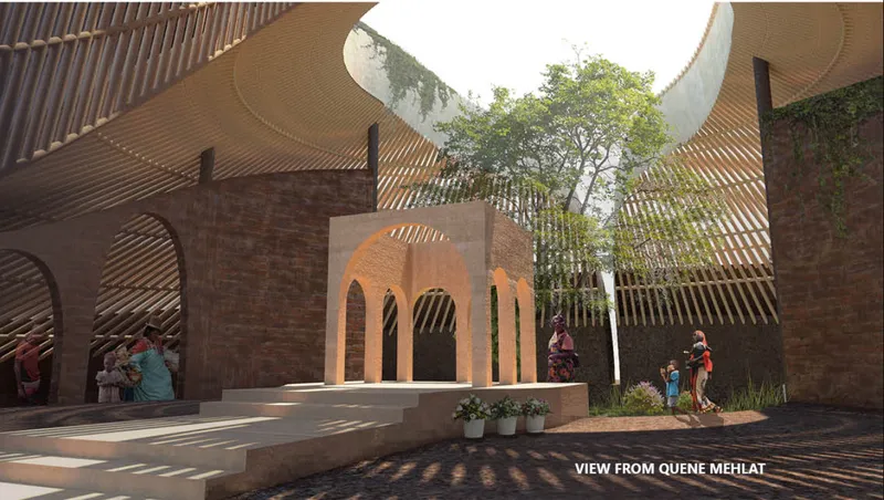 Sunlight filters through bamboo layers, creating a spiritual courtyard rooted in nature and Ethiopian architectural traditions.