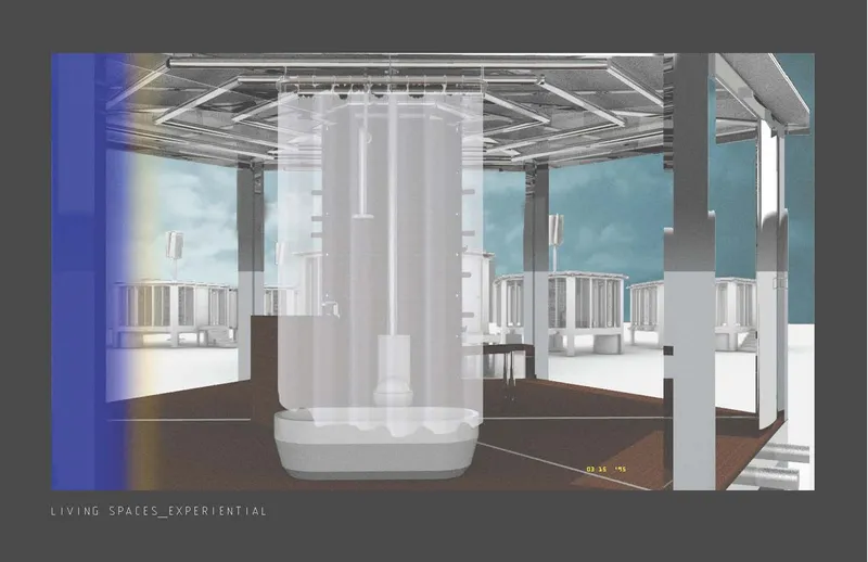 Central service cores anchor the unit, combining sanitation, light, and spatial clarity within a minimal footprint.