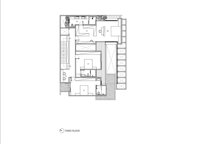 Third floor plan showing bedroom suites and central stairwell with planted terrace strips