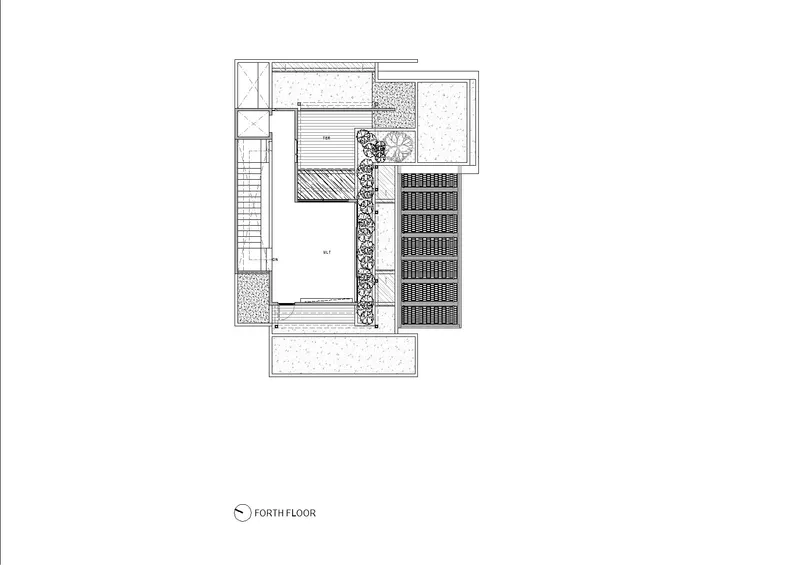 Fourth floor plan showing rooftop terrace with solar panel array and planted zones