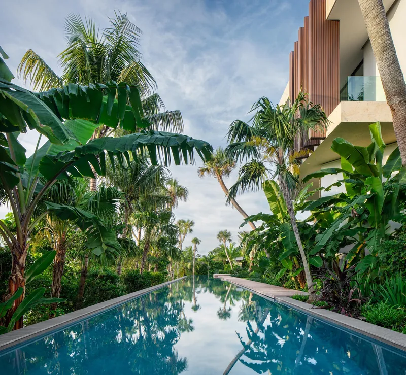 Lap pool extending through dense tropical plantings with palms and banana leaves reflecting in the water