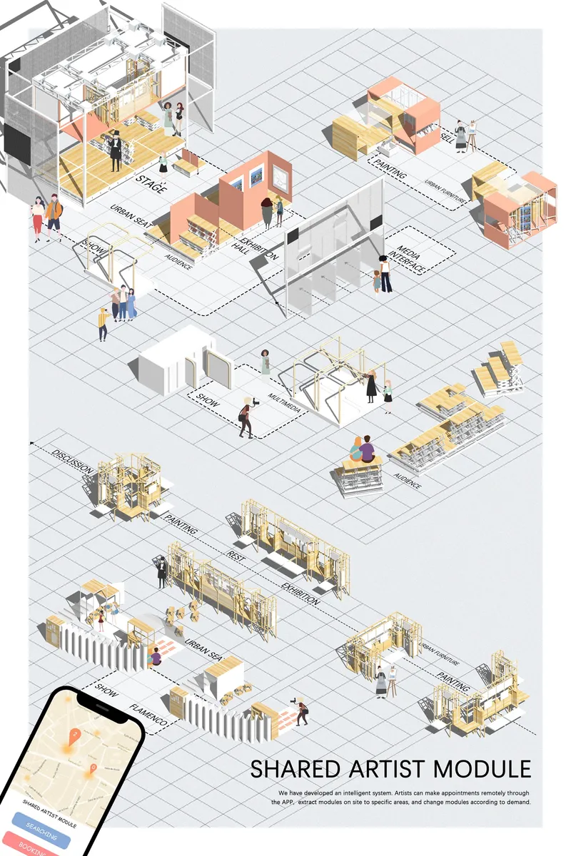 Flexible artist modules transform into stages, exhibition spaces, seating areas, and interactive urban installations.
