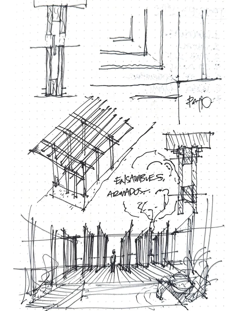 Sketch drawing depicting axonometric of timber roof structure over deck and screen wall with handwritten annotations