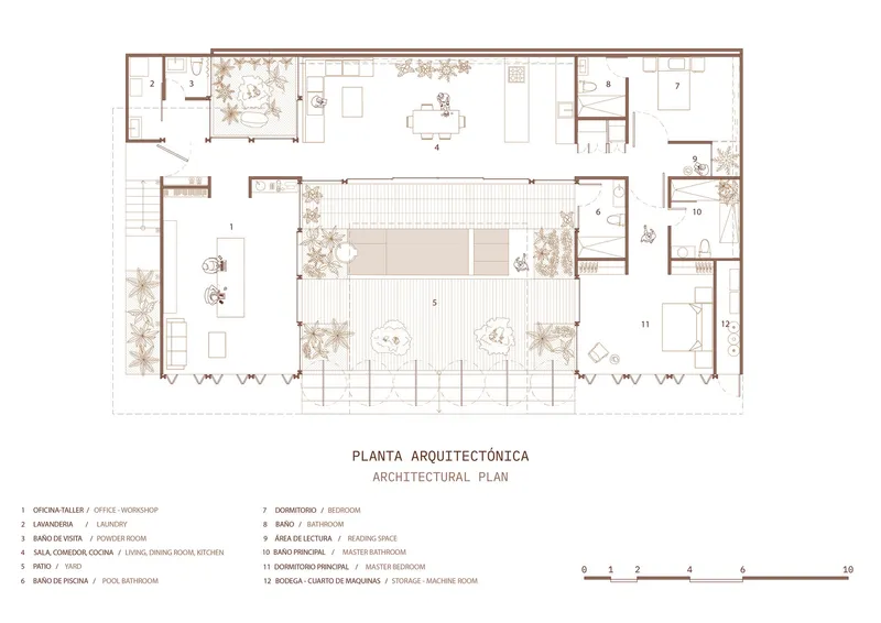 Architectural plan drawing showing an open layout with central courtyard pool and surrounding planted areas