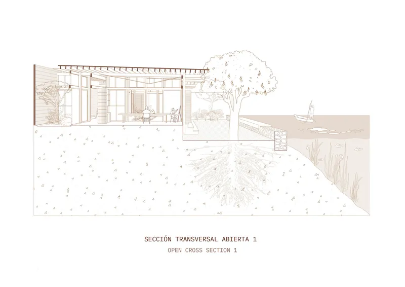 Cross section drawing showing interior space with exposed structure opening to a waterside landscape with tree