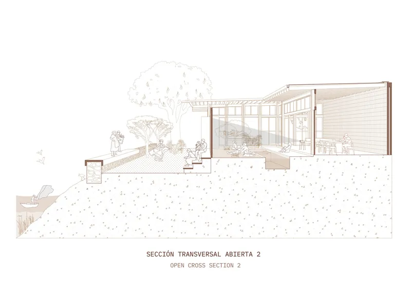 Cross section drawing revealing interior volumes with timber framing and glazing overlooking a sloped planted terrain