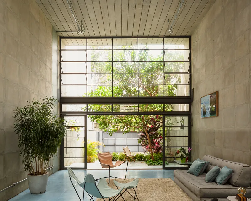 Steel-framed window wall with translucent and clear panels overlooking a planted courtyard with trees and flowering plants