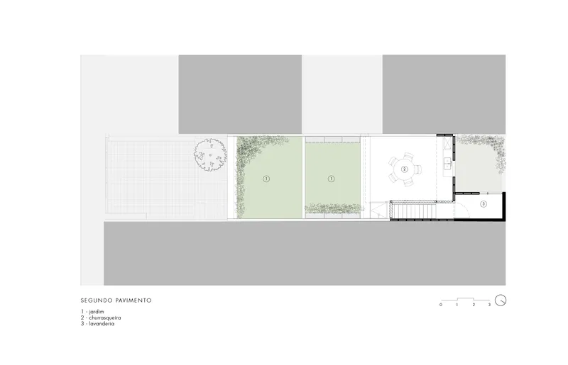 Second floor plan illustrating planted terraces and bedroom zones within the narrow footprint