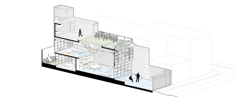 Axonometric section drawing revealing interior spaces with planted terraces and figures on different levels