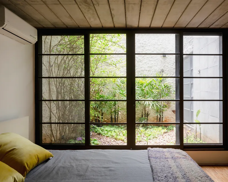 View through black steel-framed window to interior courtyard with ground cover and young trees