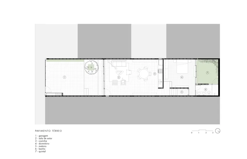 Ground floor plan showing a linear sequence of rooms with courtyard and planted garden