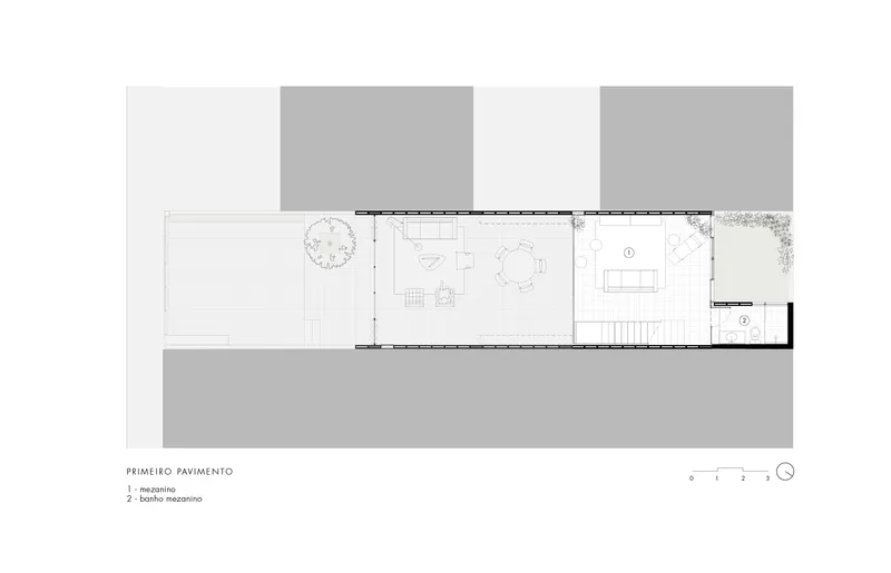 First floor plan indicating open living areas and interior circulation spaces