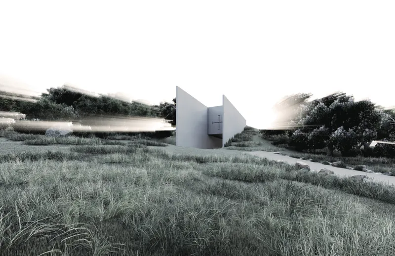 A minimal threshold marks the descent into a buried chapel, where architecture dissolves into the landscape.