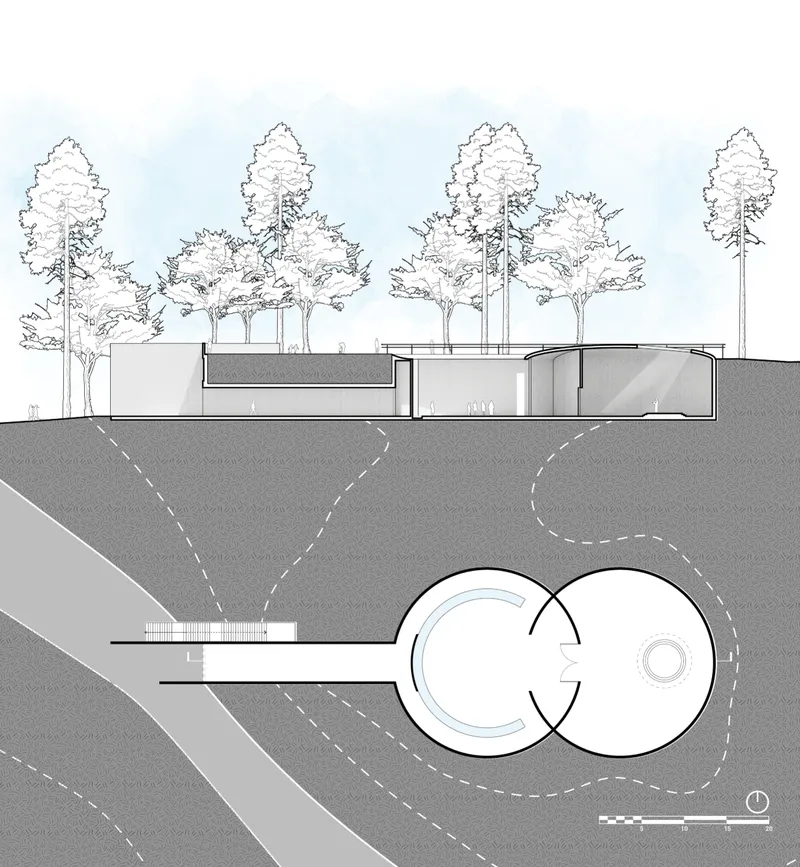 A subterranean chapel uses earth as insulation, guiding visitors through a sequence from light to introspection.