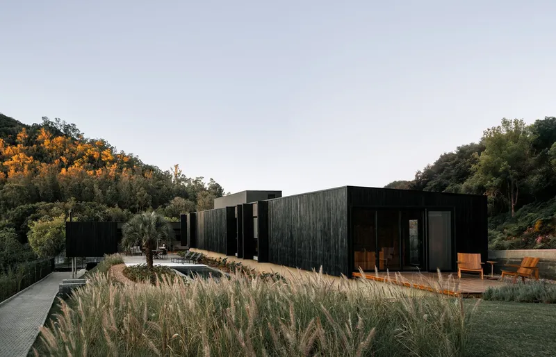 Dark timber-clad volumes set among native grasses with hillside foliage at dusk