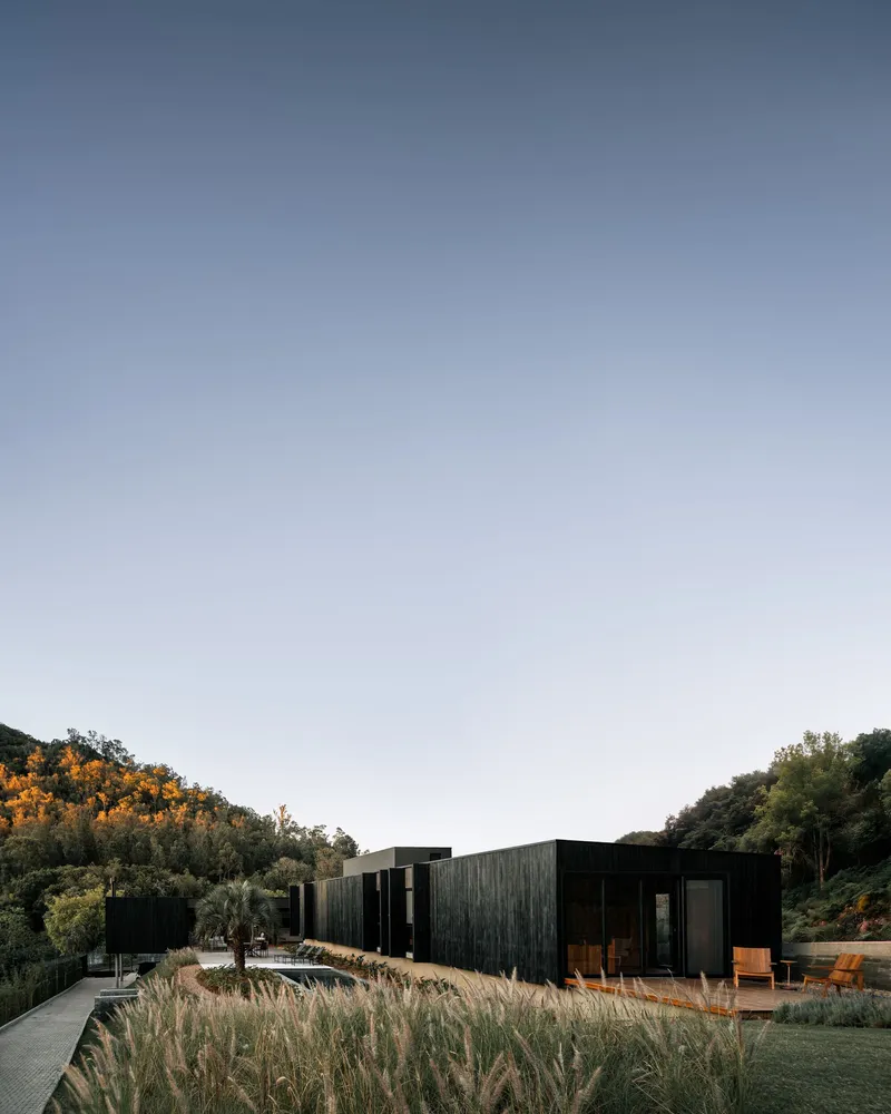 Linear charred timber volume with ornamental grasses in the foreground and hillside vegetation at dusk