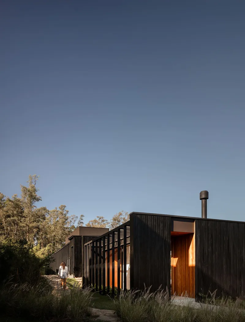 Charred timber cladding with vertical battens framing a timber entry door at twilight