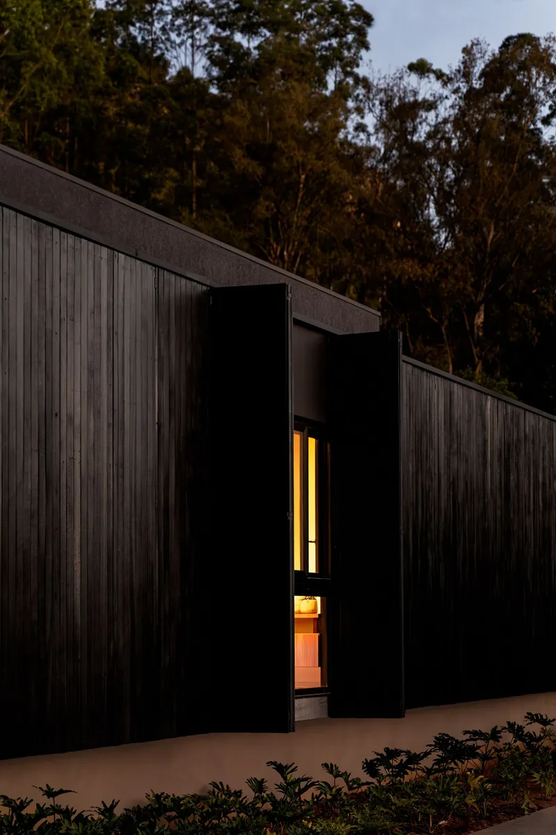 Entrance recess with glowing interior light cutting through black timber-clad facade backed by eucalyptus trees