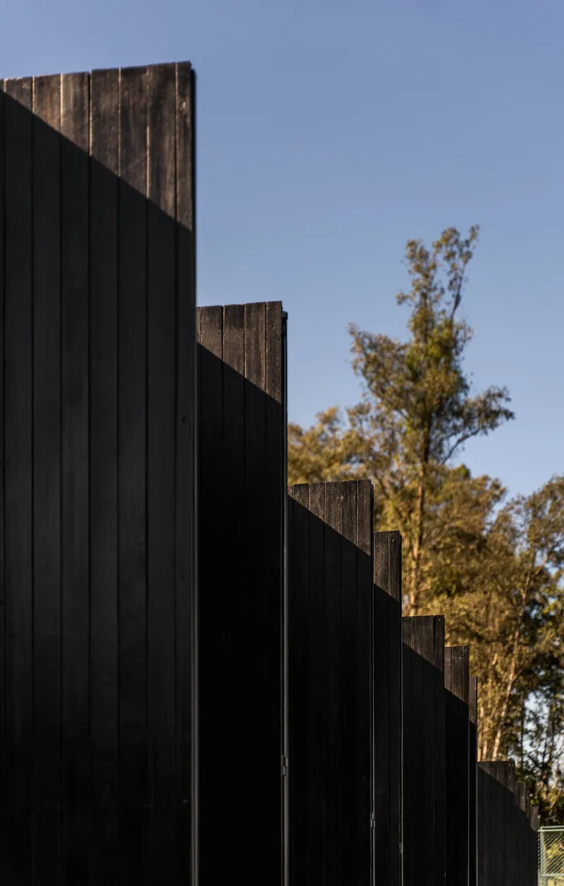 Stepped facade with vertical black timber cladding and weathered timber edges against a clear blue sky