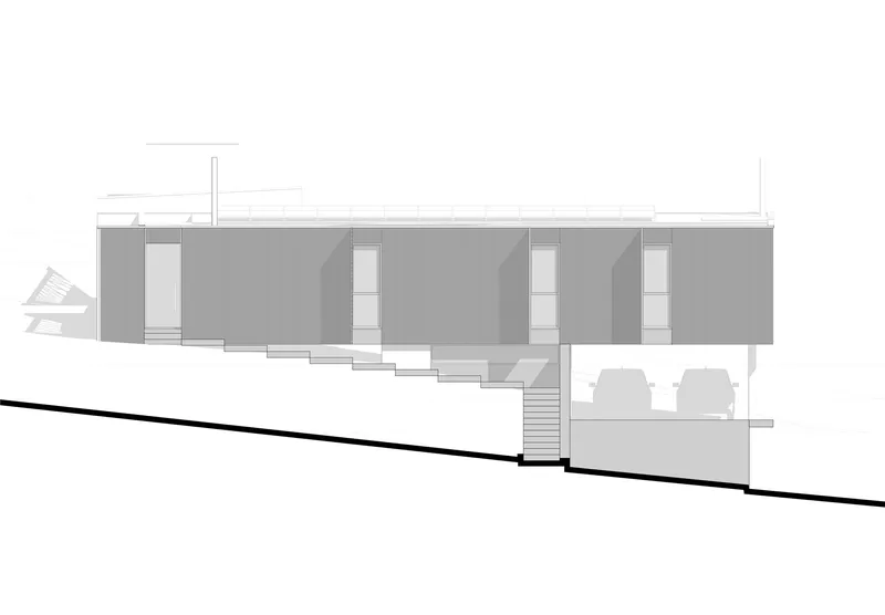 Elevation drawing displaying a horizontal facade with vertical window openings and a stepped garage below