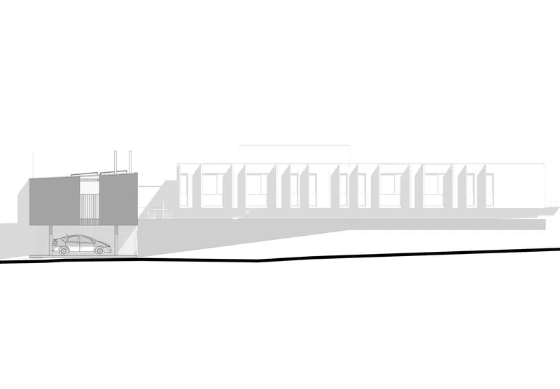 Elevation drawing showing a long colonnade wing with repeating vertical frames on sloped ground