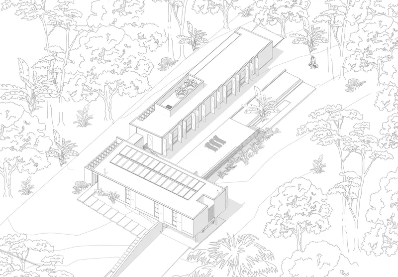 This architectural drawing presents an axonometric view of a modern residence integrated into a lush tropical landscape. The design features clean lines, flat r