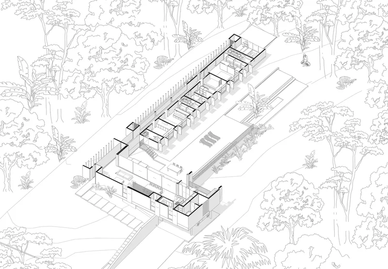 Axonometric cutaway drawing revealing interior room divisions and circulation within the three bar buildings