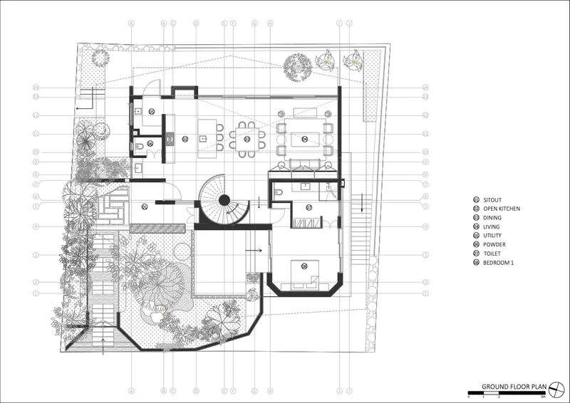 Ground floor plan showing open kitchen, dining area, courtyard with trees, and curved entry stair