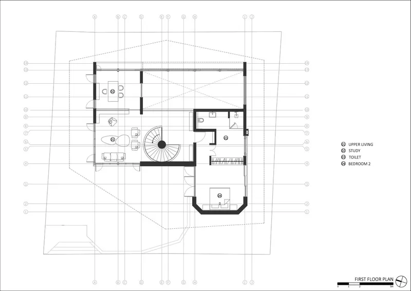 First floor plan showing upper living area, study, bedroom, and central spiral staircase