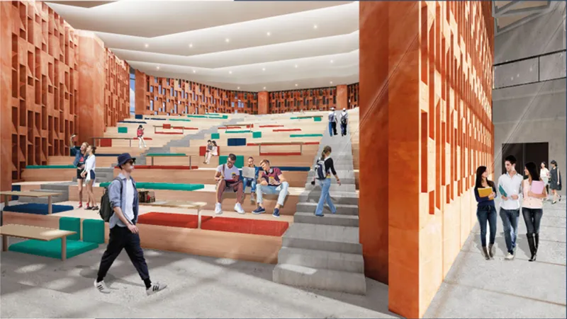 Flexible auditorium designed for lectures, group discussions, and large-scale academic events.