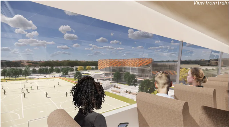 Elevated view showcasing the academy’s integration with urban context and sports infrastructure.