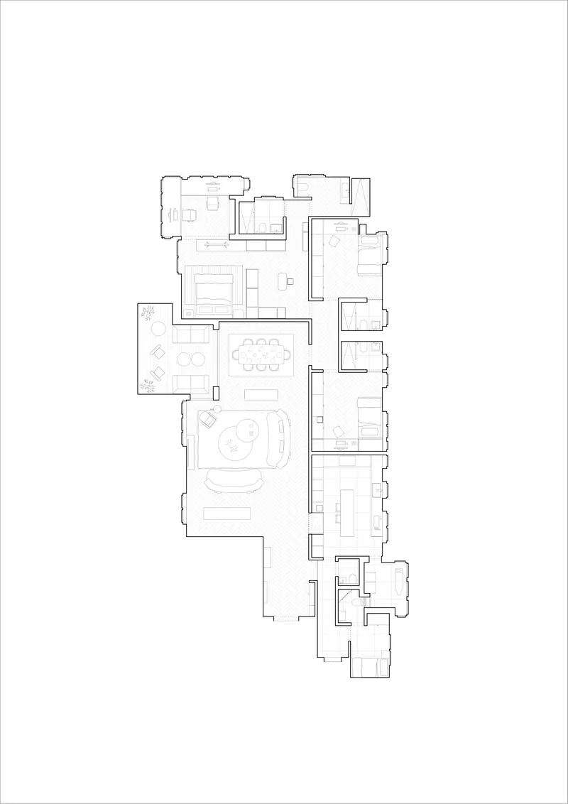 Floor plan drawing showing an elongated residential layout with living areas and multiple bedrooms