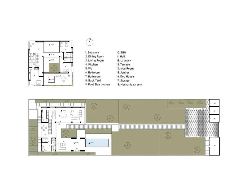 Floor plan drawings showing upper and ground levels with rooms wrapping around a central courtyard