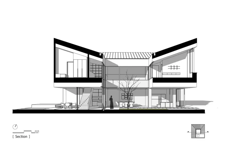 Section drawing revealing the double-height central courtyard with tree and connecting staircase between levels