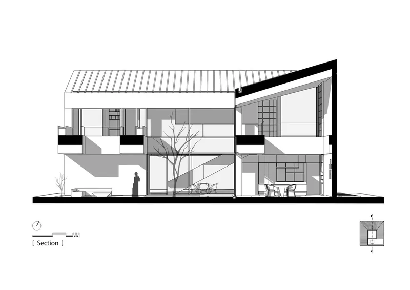 Section drawing showing the corrugated metal roof plane over split-level interior spaces and courtyard tree