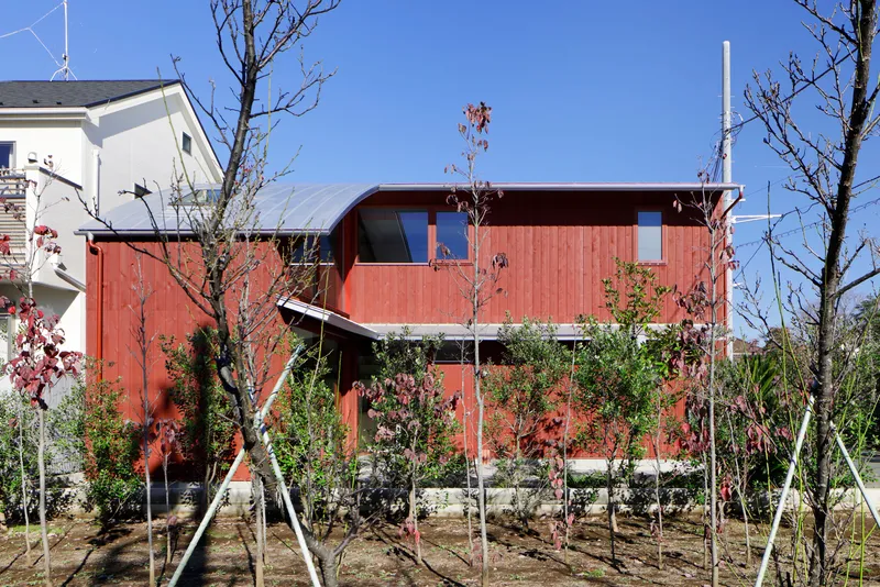 Garden view of the red timber facade through newly planted saplings and bare branches
