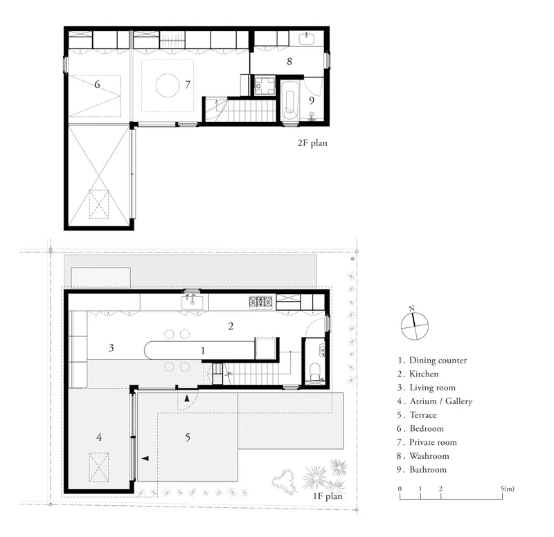 Floor plan drawings of both levels showing an L-shaped layout with central staircase and labeled rooms